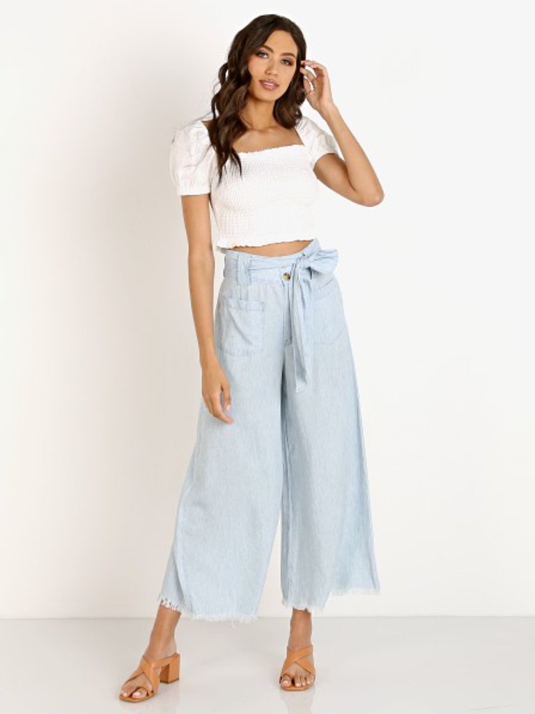 Show Me Your Mumu Lasso Pants Chambray Wide Leg Linen Blend Size S *No Belt*